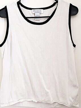 Petite Sophisticate White Tank Top Black Round Neck Shirt Sleeveless Blouse